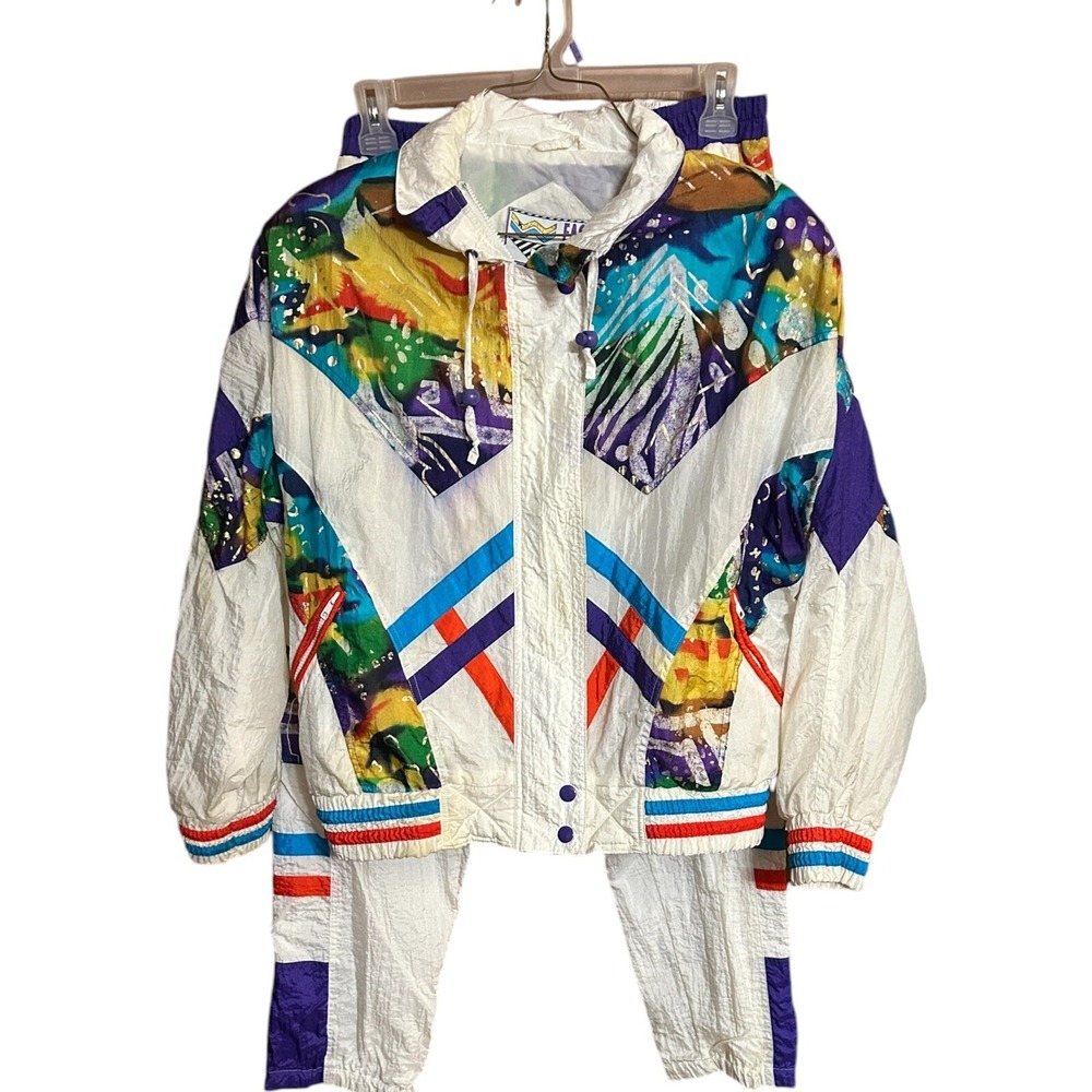 Vintage East West Coat Light White Geometric Puffy Jacket And Pants Sz Large